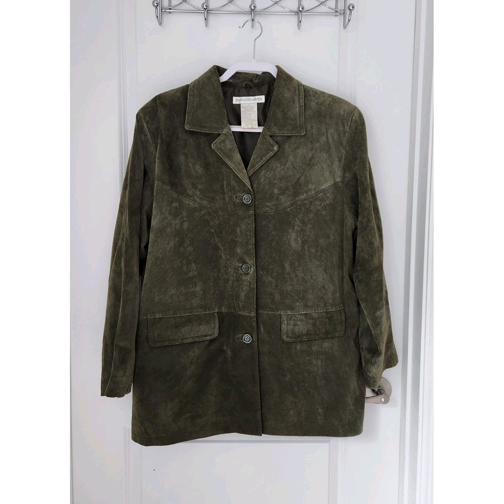 VTG 70s Jessica Holbrook Olive Green Suede Leather Jacket Womens Size‎ L